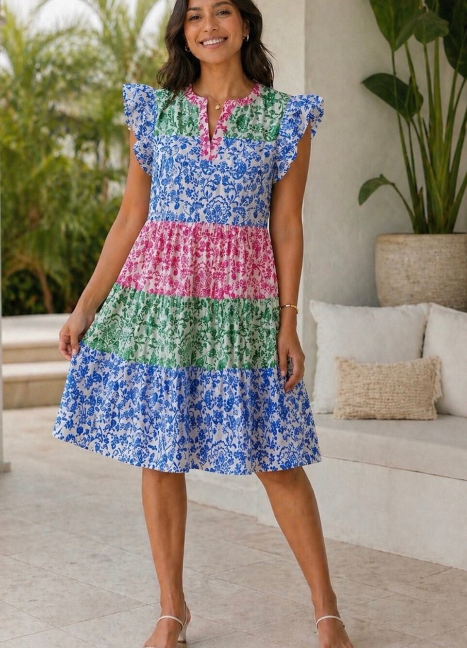 Roller Rabbit Aitona Pippa Tiered Flutter Sleeve Mini Dress Tropical Jungle XS